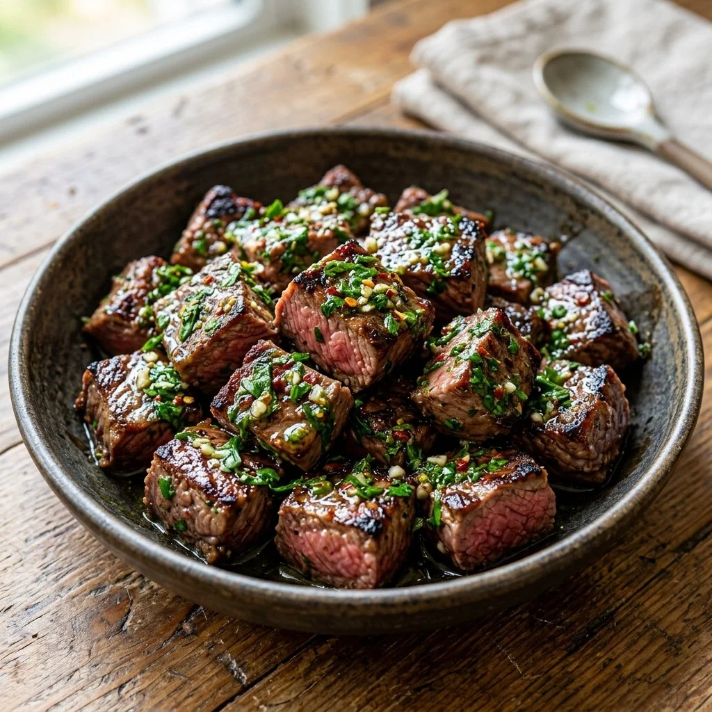 Chimichurri steak bites served on a platter with fresh herbs.