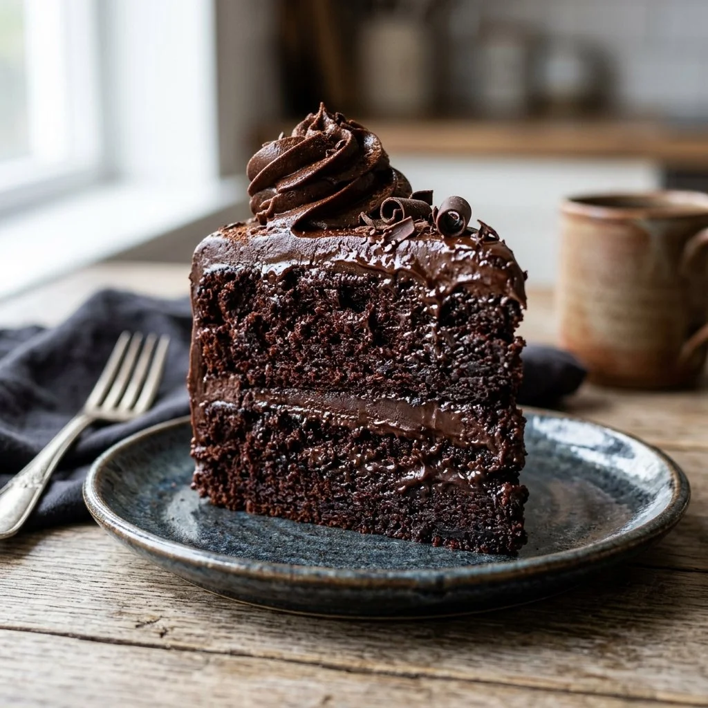 Delicious homemade chocolate cake topped with rich chocolate ganache