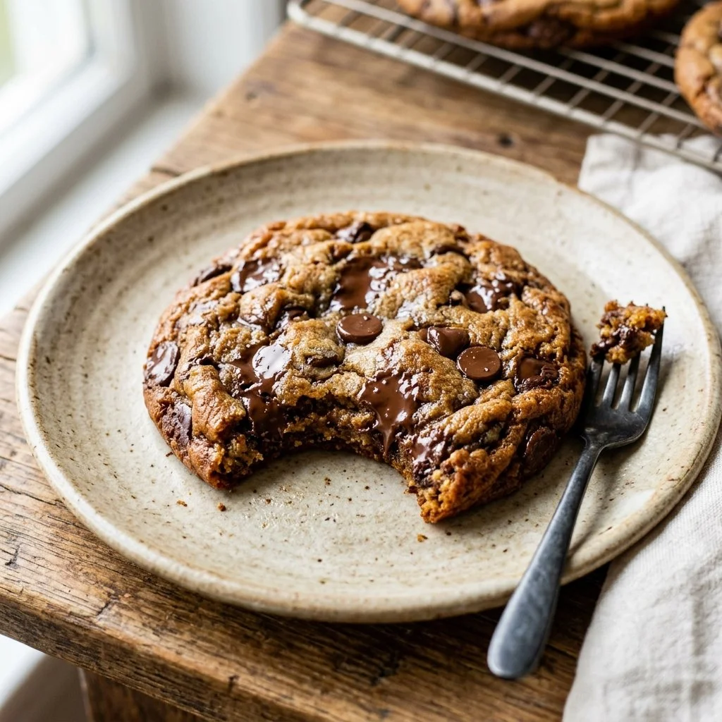 Freshly baked chocolate chip cookies on a cooling rack