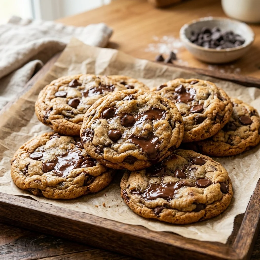 Freshly baked chocolate chip cookies on a plate