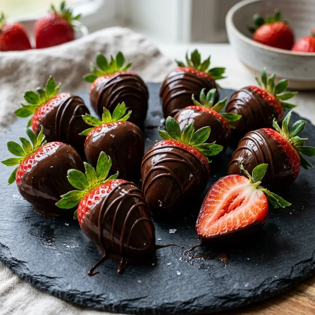 Delicious chocolate covered strawberries arranged on a plate.