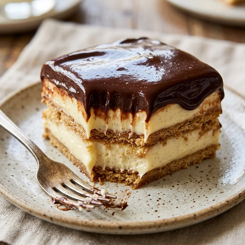 Delicious Chocolate Eclair Cake topped with chocolate frosting and whipped cream