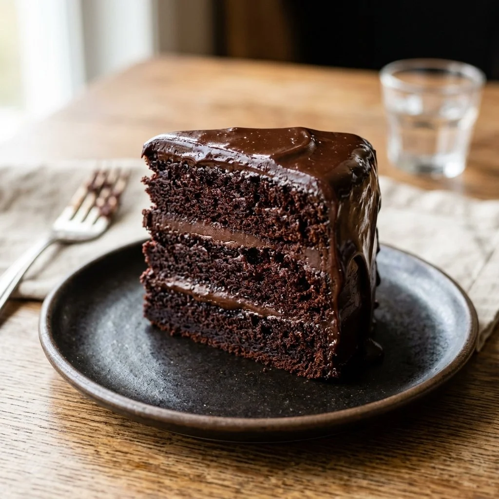 Decadent Chocolate Ganache Cake topped with glossy chocolate glaze.