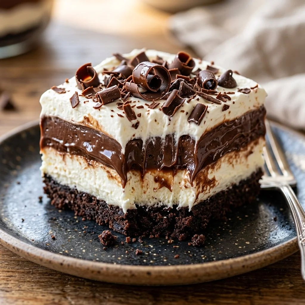 Delicious layered Chocolate Lasagna dessert with chocolate and cream filling