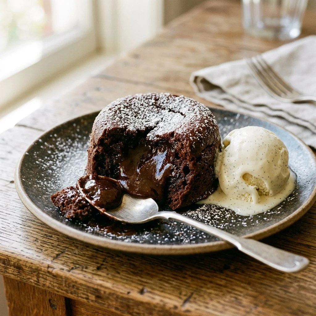 Delicious chocolate lava cake with melted chocolate center served on a plate