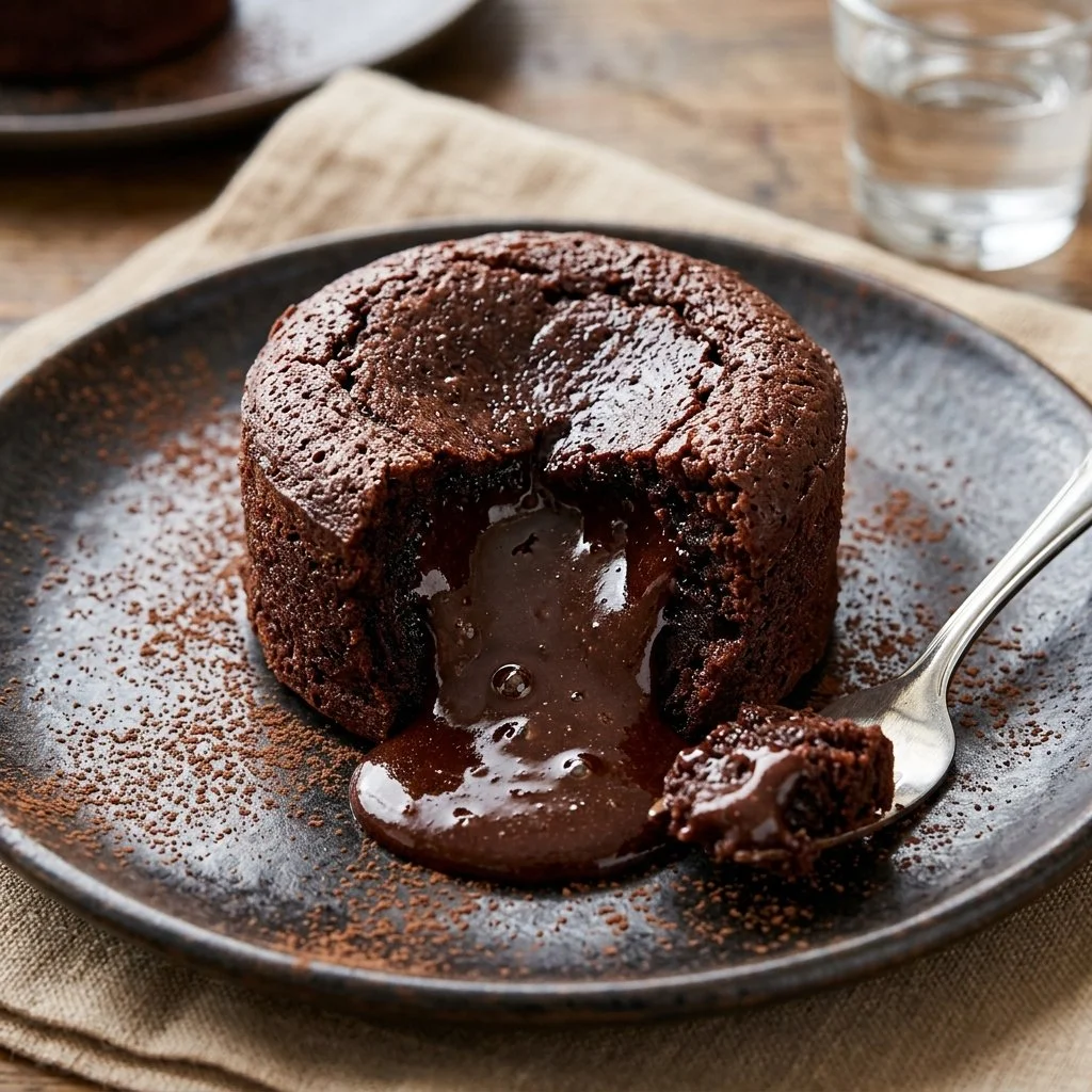 Delicious chocolate lava cake with molten chocolate center served on a plate.