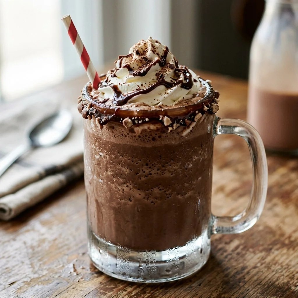 Chocolate Malt Milkshake in a glass topped with whipped cream and a cherry