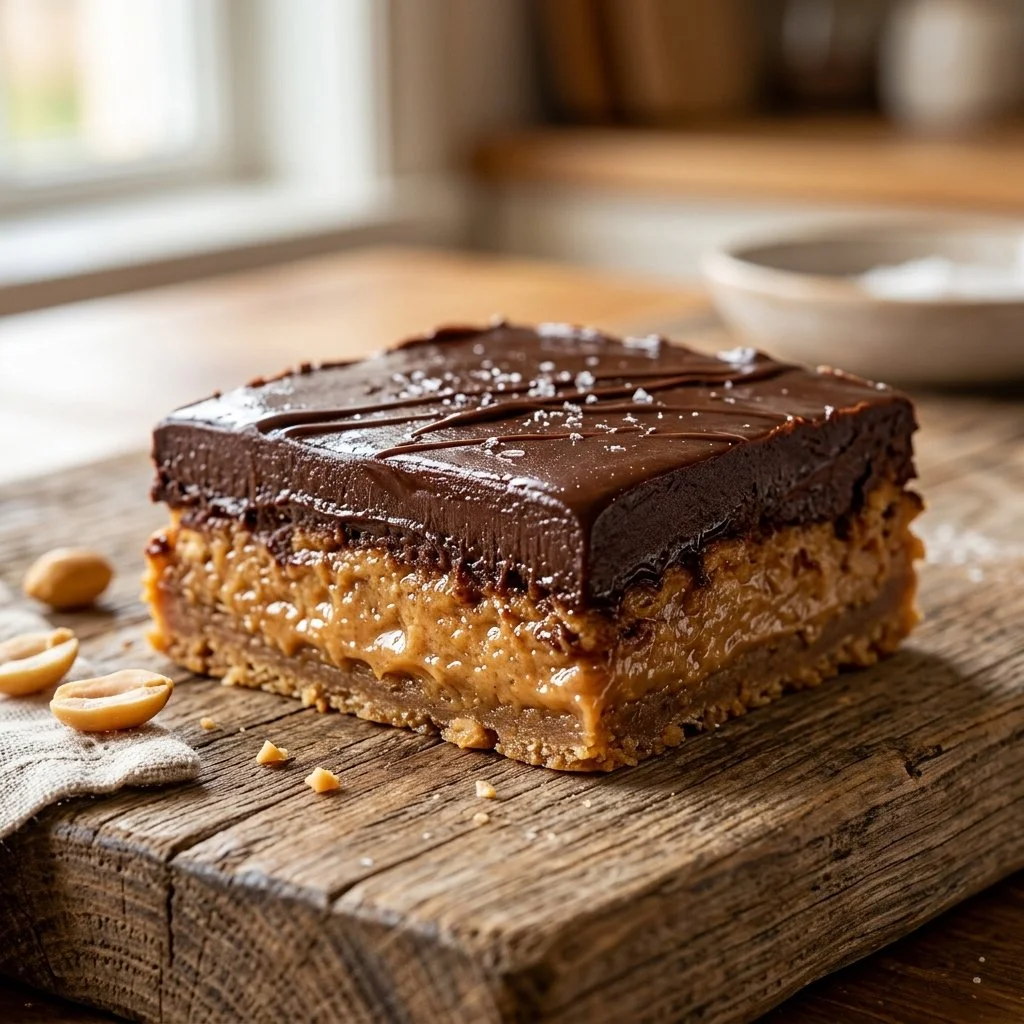 Delicious homemade Chocolate Peanut Butter Bars with a rich, creamy texture.