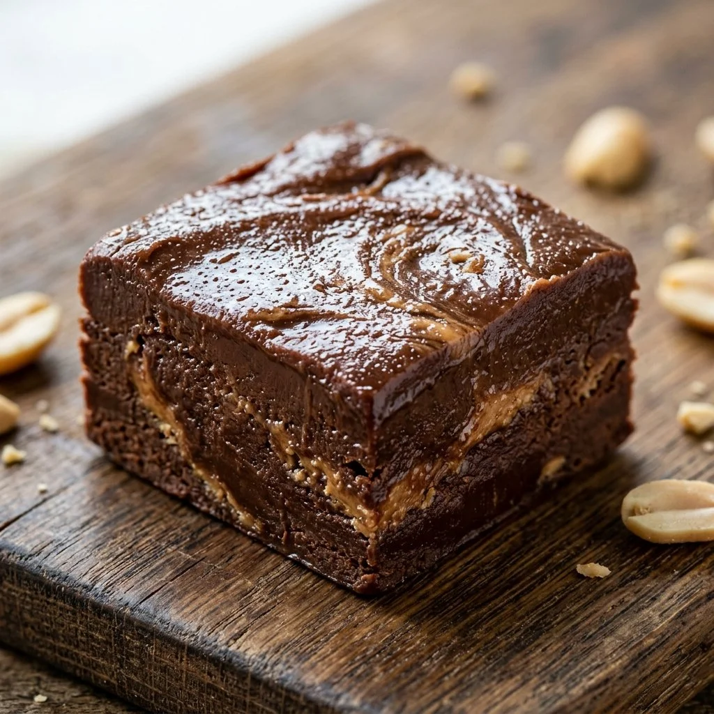 Delicious chocolate peanut butter fudge cut into squares on a plate.