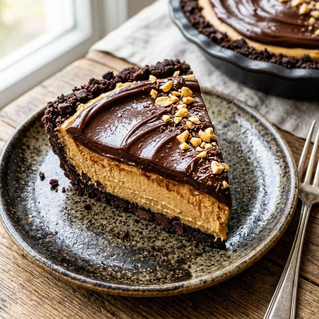 Delicious Chocolate Peanut Butter Pie with chocolate and peanut butter layers