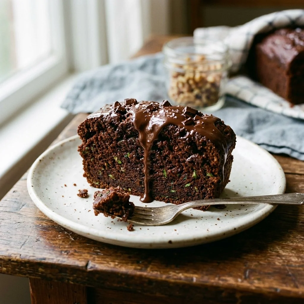 Delicious slice of chocolate zucchini bread on a wooden table