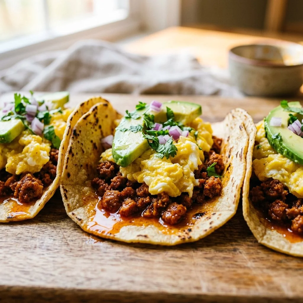 Delicious chorizo breakfast tacos topped with fresh ingredients