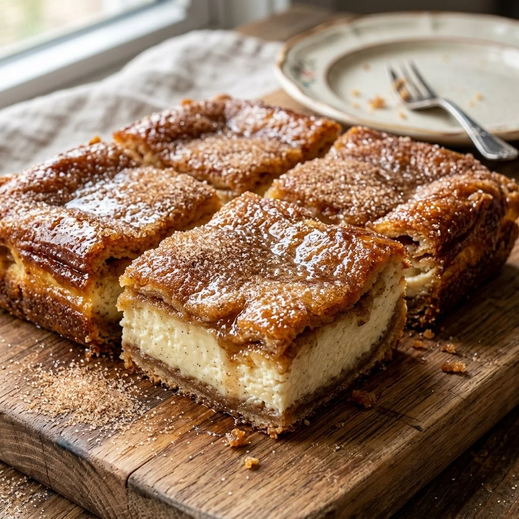 Churro cheesecake bars topped with cinnamon and whipped cream