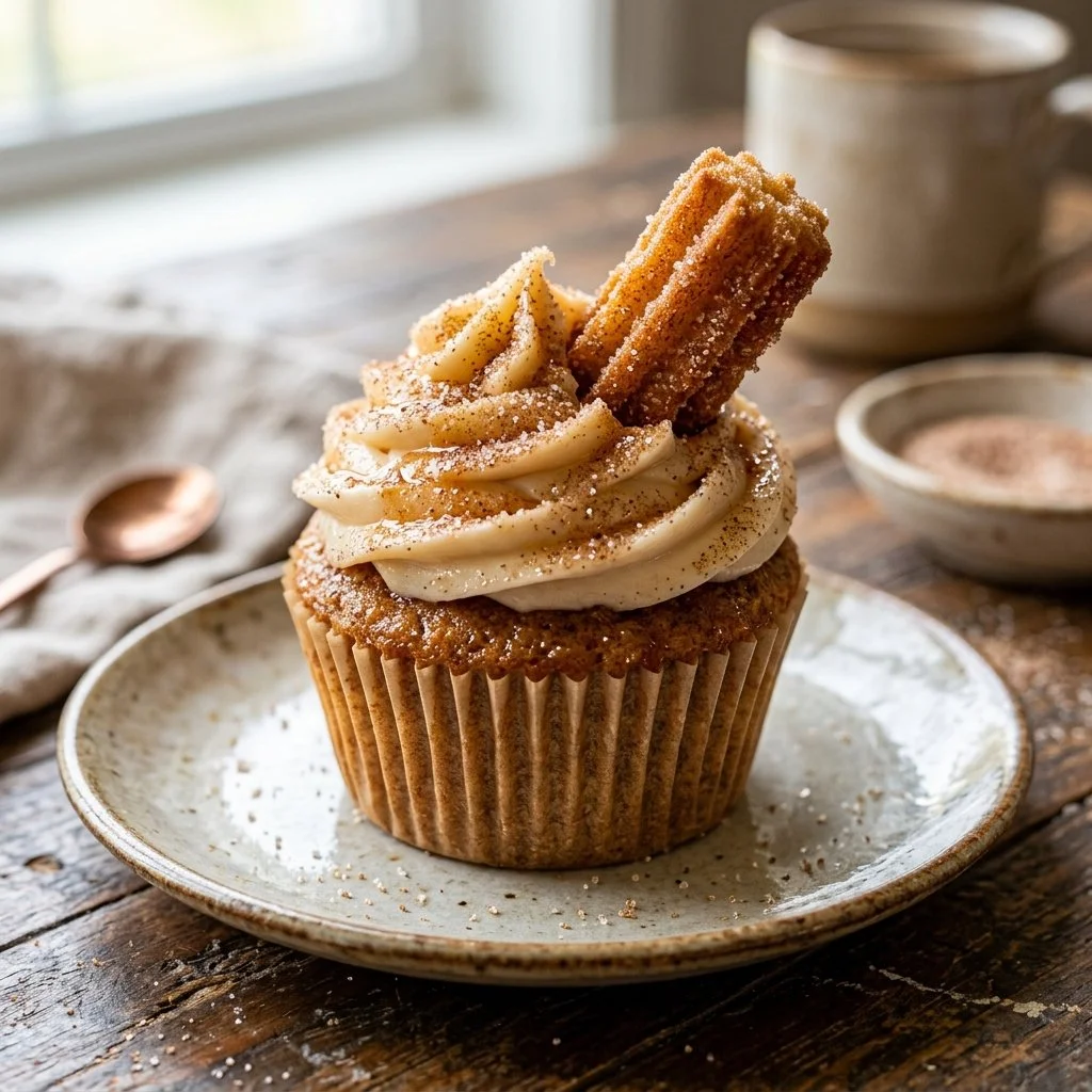 Delicious Churro Cupcakes topped with cinnamon sugar and frosting, a sweet treat.