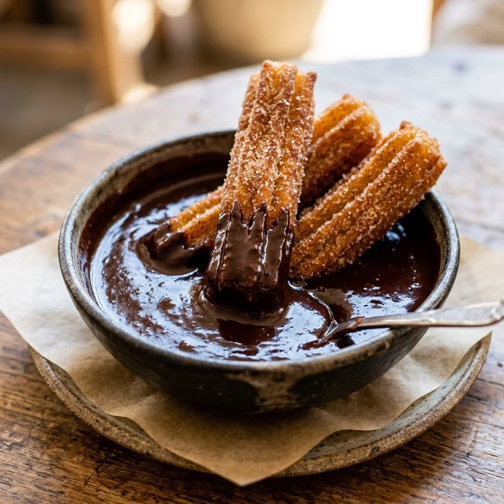 Delicious churros dipped in rich chocolate sauce.