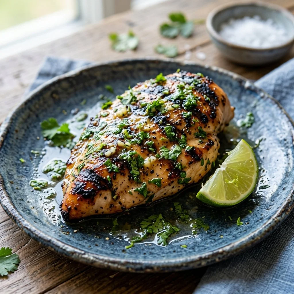 Delicious Cilantro Lime Chicken garnished with fresh cilantro and lime slices