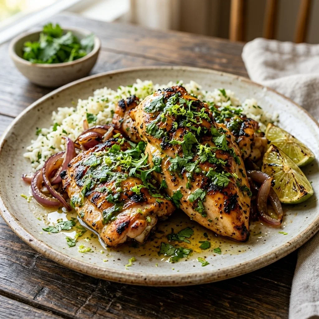 Delicious cilantro lime chicken garnished with fresh cilantro and lime slices