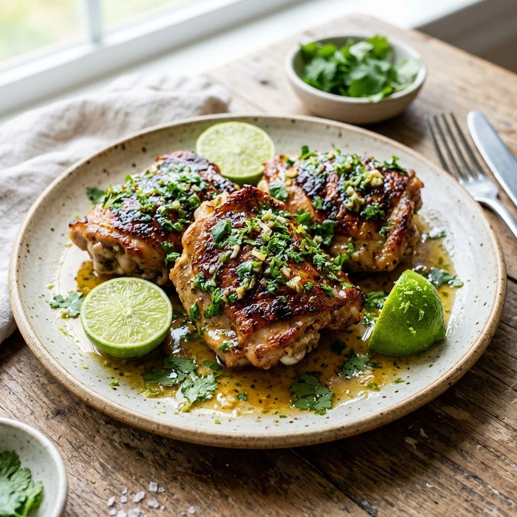 Cilantro Lime Chicken Thighs served on a plate with fresh lime and cilantro garnish.