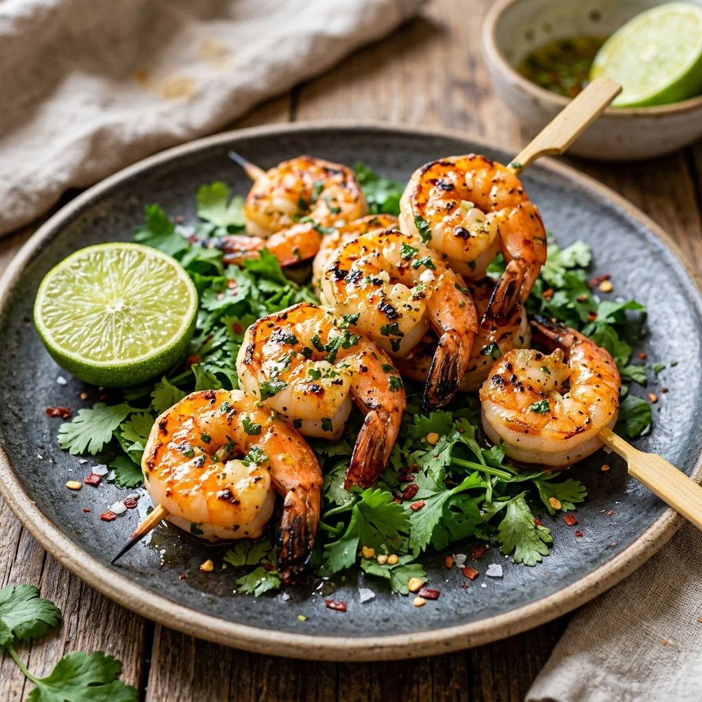 Cilantro Lime Grilled Shrimp served with a fresh lime garnish