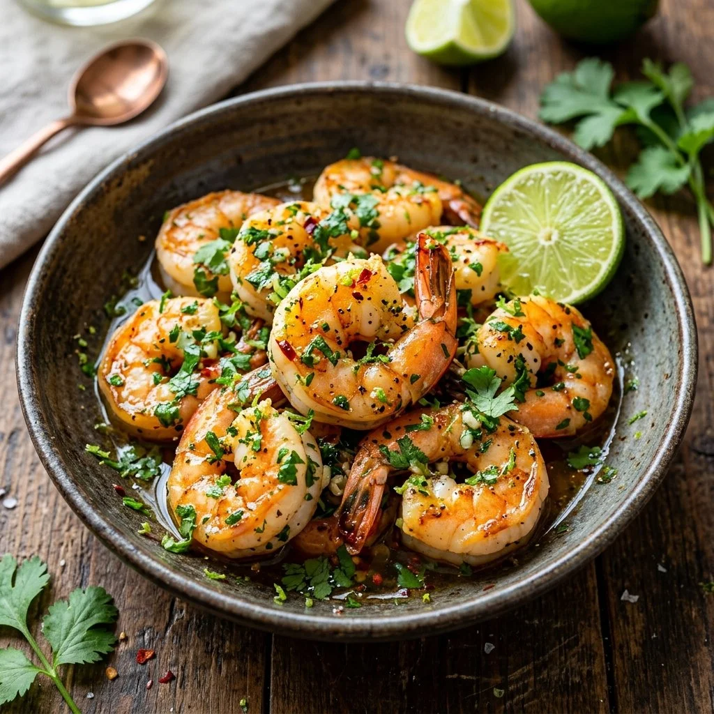 Delicious cilantro lime shrimp served on a plate garnished with lime and cilantro.