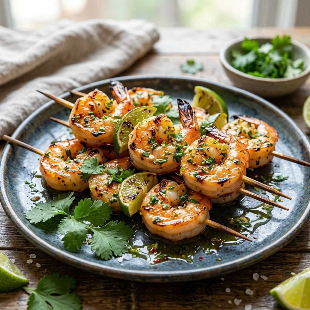 Cilantro lime shrimp skewers grilled to perfection on a plate