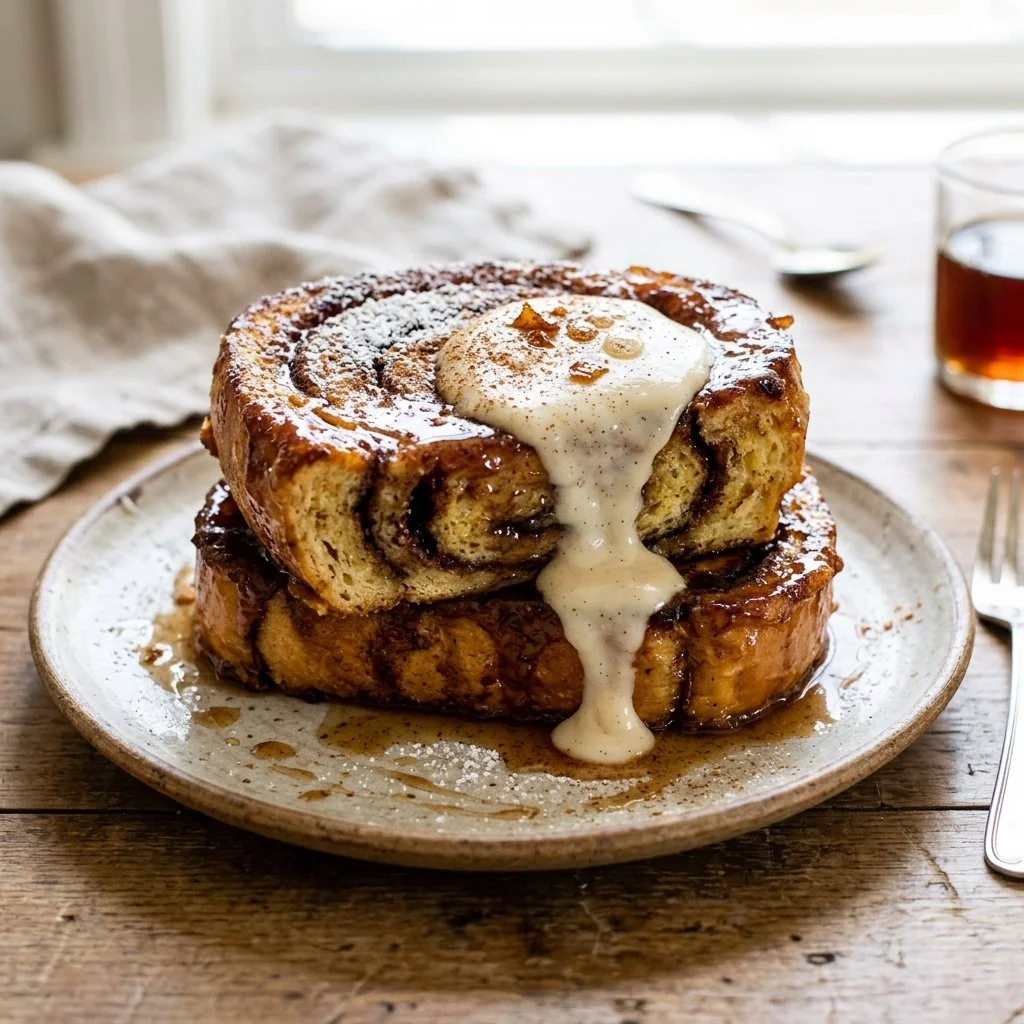 Delicious Cinnamon Roll French Toast topped with icing and served with syrup
