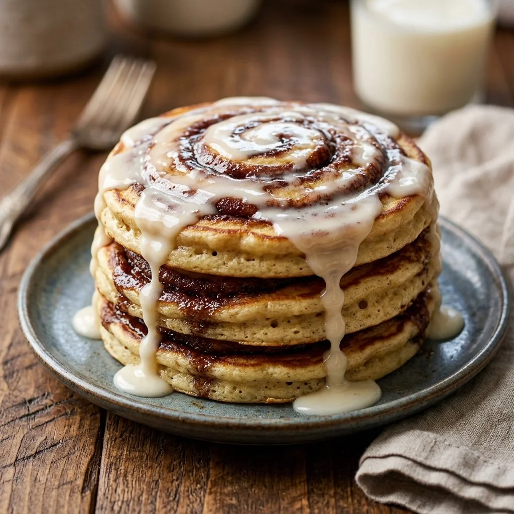 Delicious cinnamon roll pancakes topped with icing and cinnamon sugar