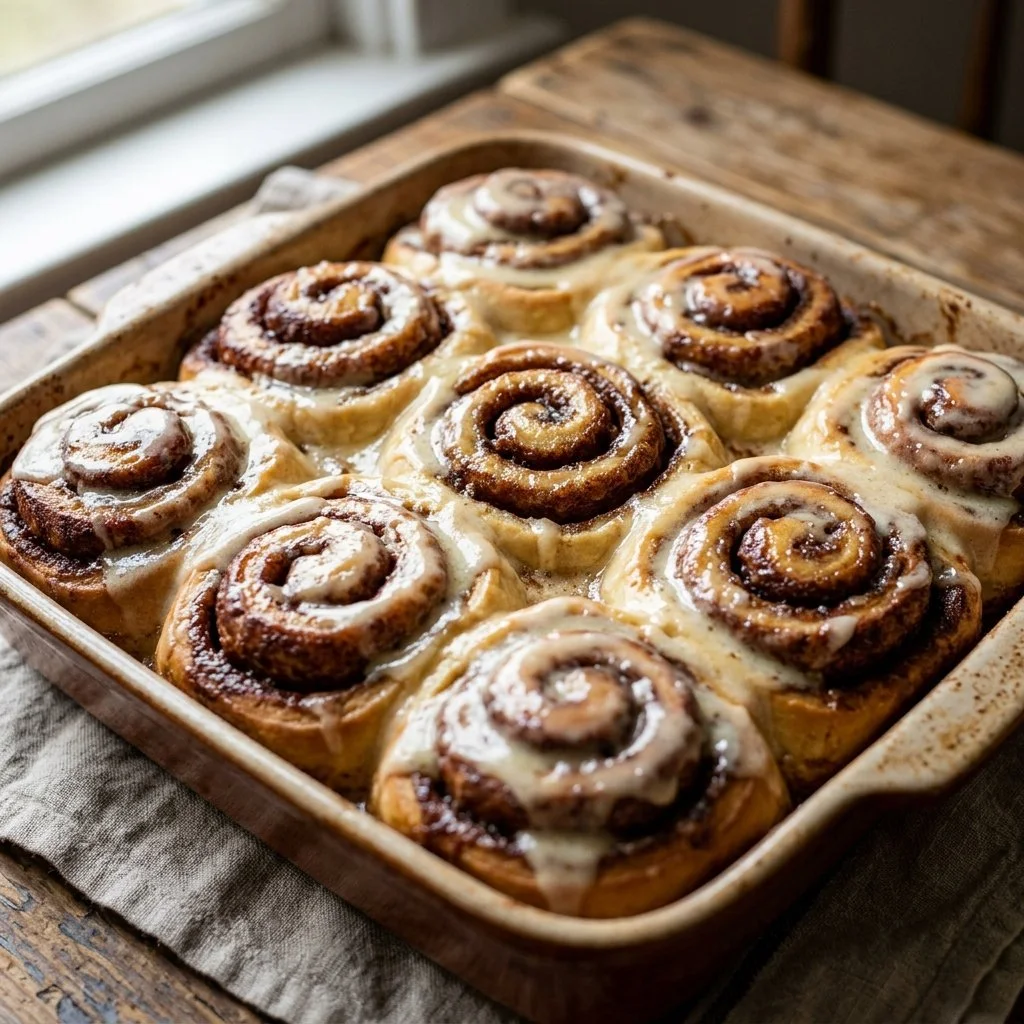 Freshly baked cinnamon rolls with icing on a white plate.