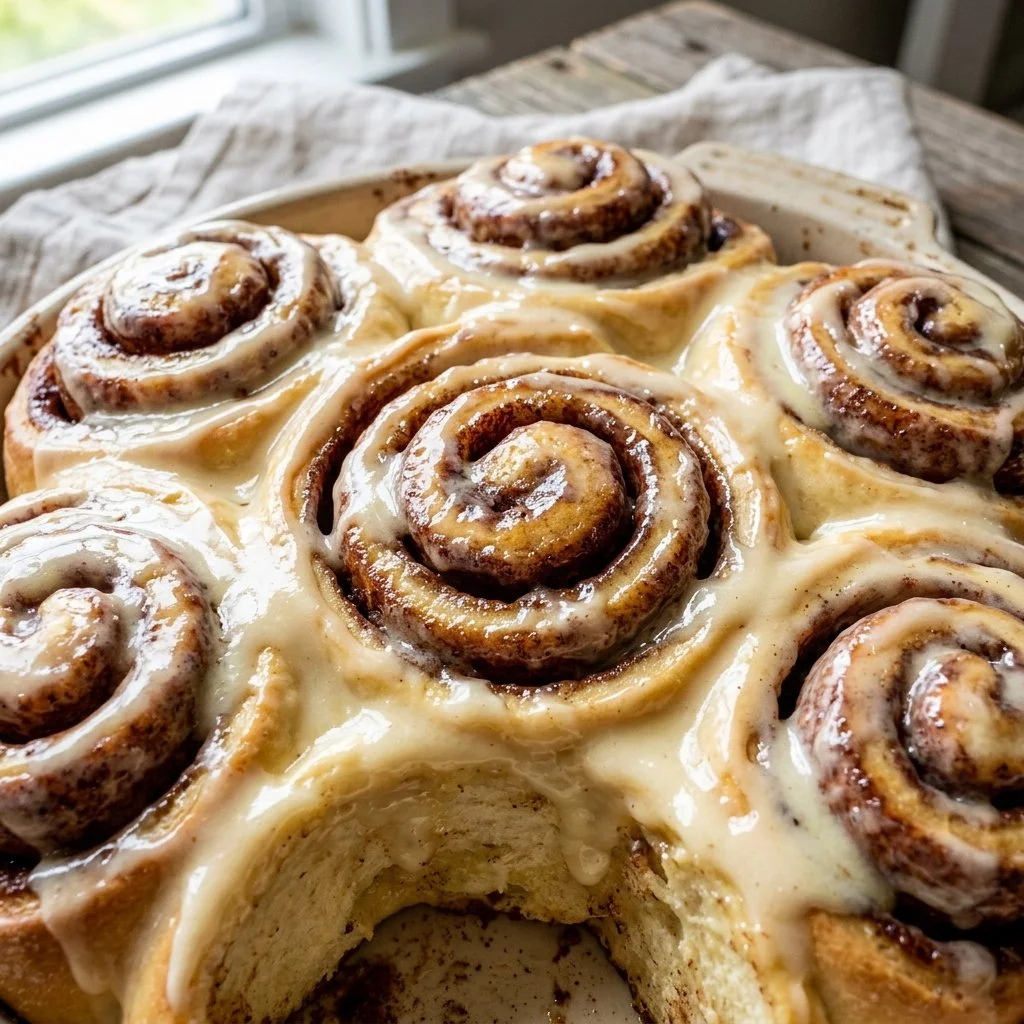 Freshly baked cinnamon rolls with creamy icing on top