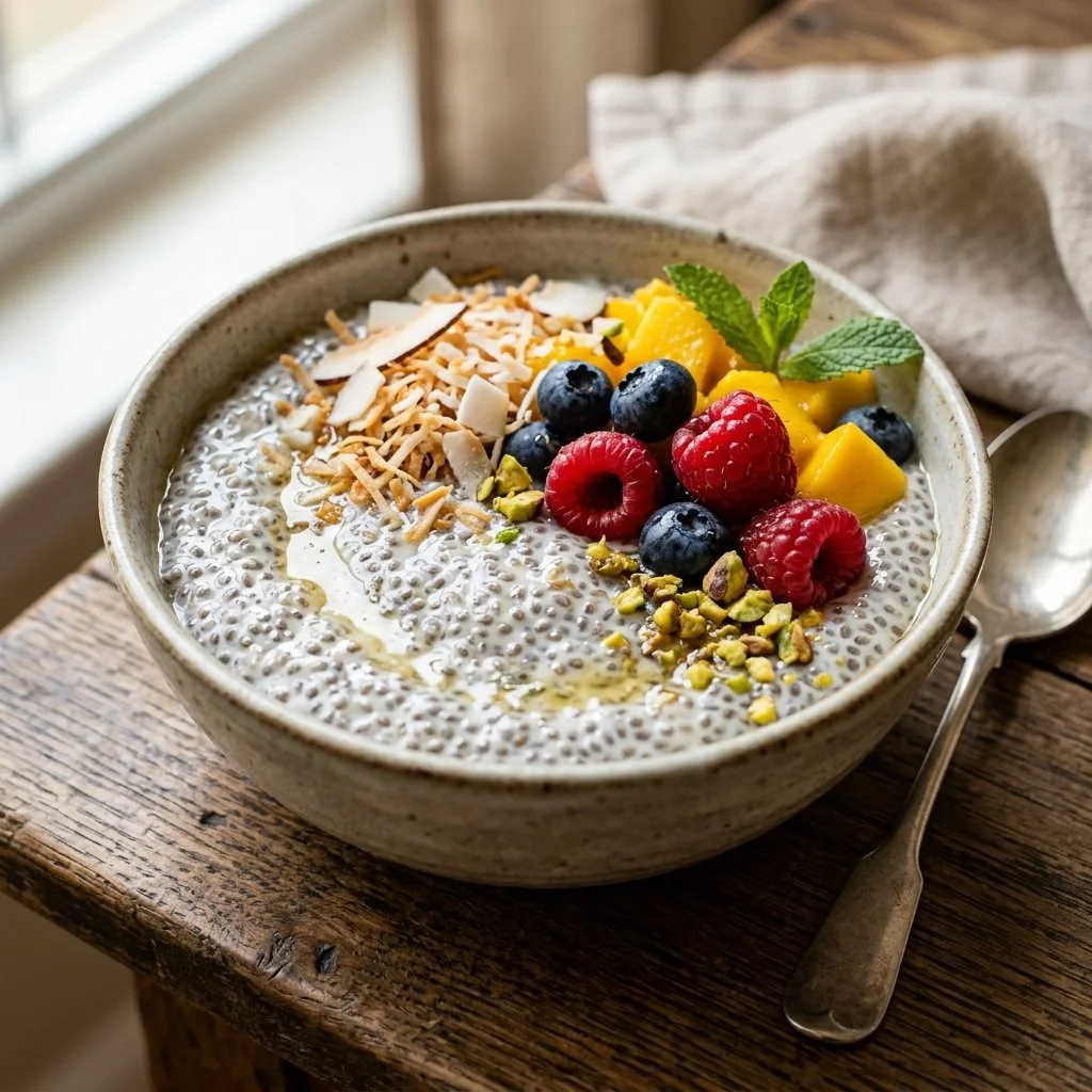 Delicious Coconut Chia Pudding in a glass topped with fresh fruit.