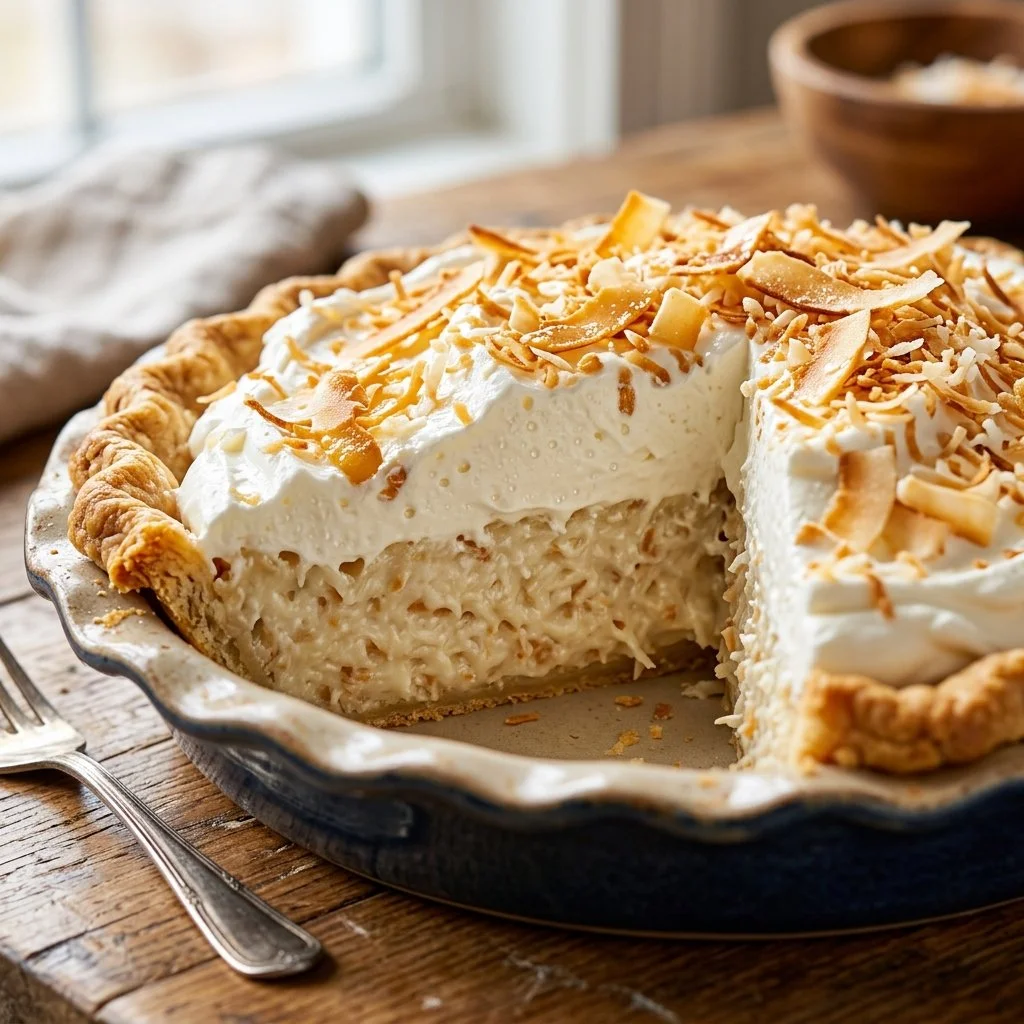 Slice of delicious homemade Coconut Cream Pie topped with whipped cream and coconut flakes.