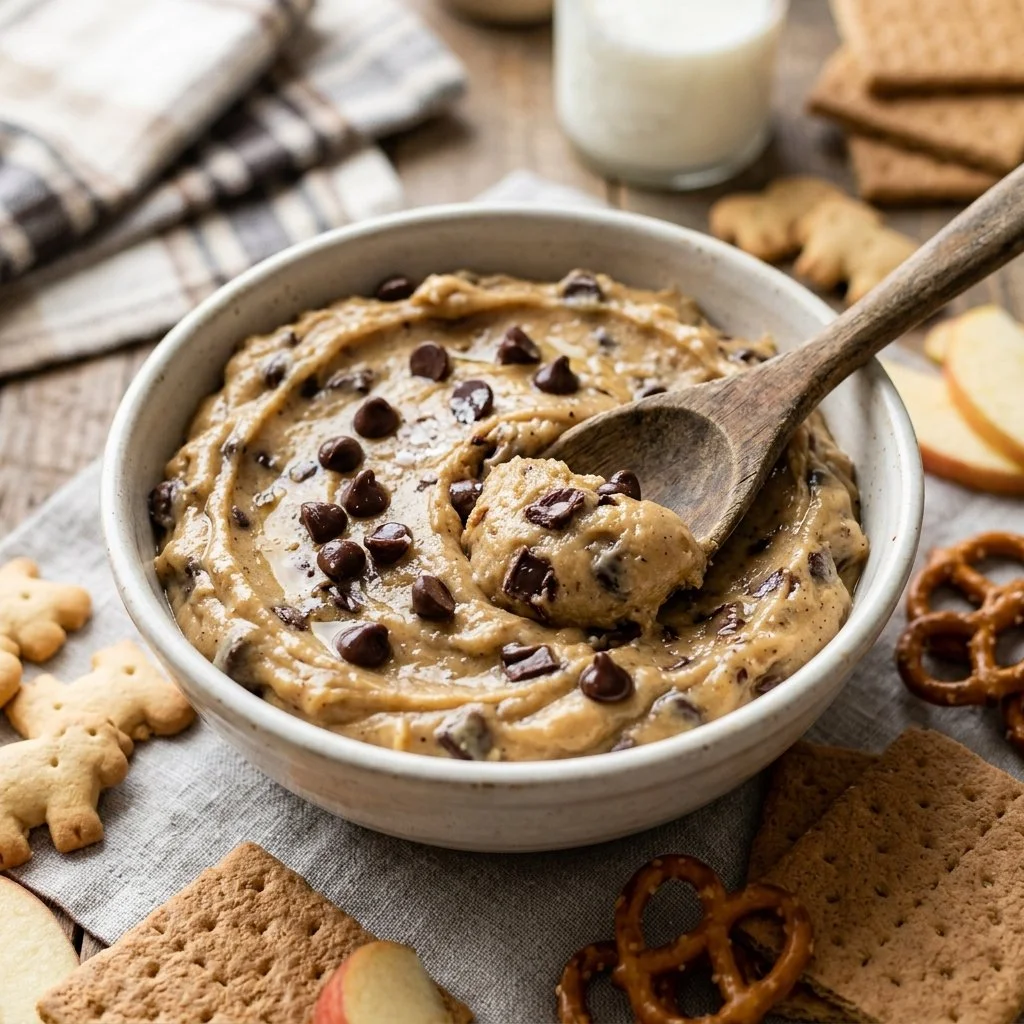 Delicious cookie dough dip served in a bowl with dipping treats