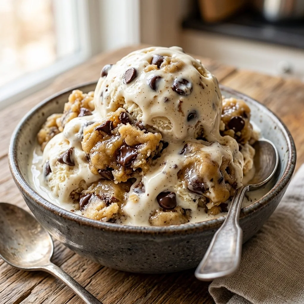 Delicious bowl of cookie dough ice cream topped with chocolate chips