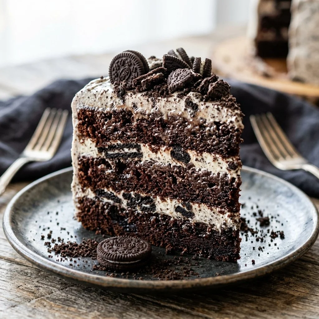 Delicious Cookies and Cream Cake topped with chocolate crumbs and cream