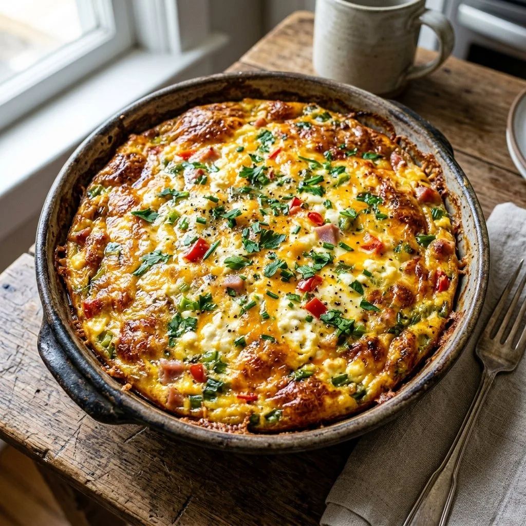 Cottage Cheese Egg Bake recipe with ingredients in a baking dish