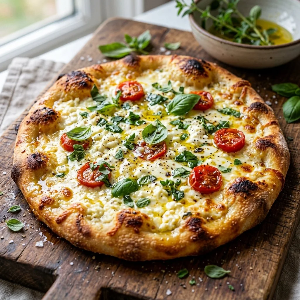 Homemade Cottage Cheese Flatbread served on a wooden table