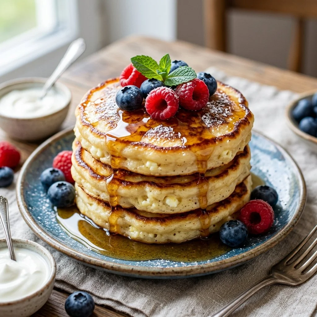 Fluffy cottage cheese pancakes served with syrup and berries
