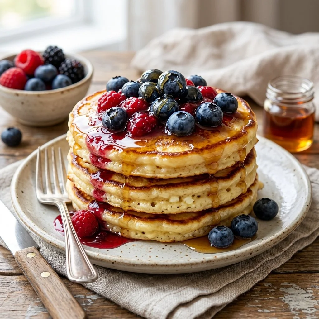 Fluffy cottage cheese pancakes stacked on a plate with syrup and berries
