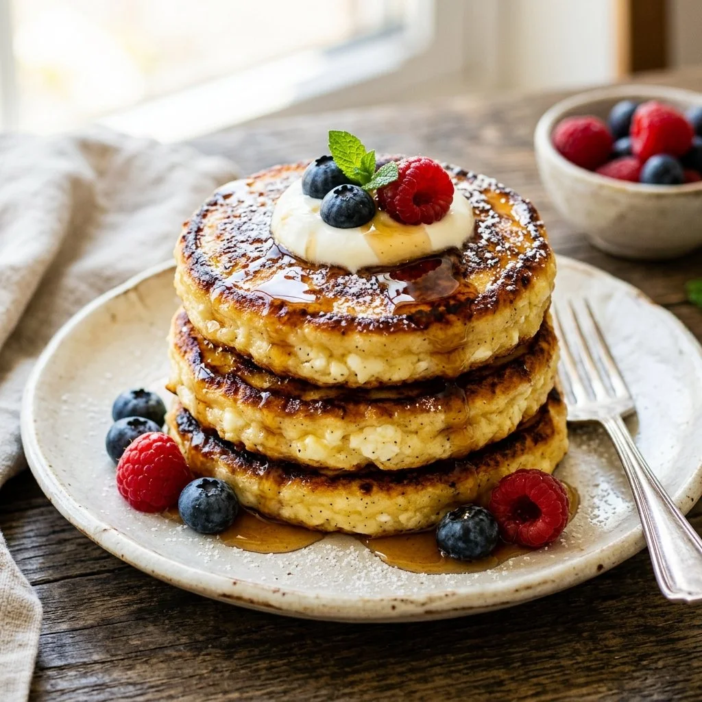 Fluffy cottage cheese pancakes served with fresh fruits