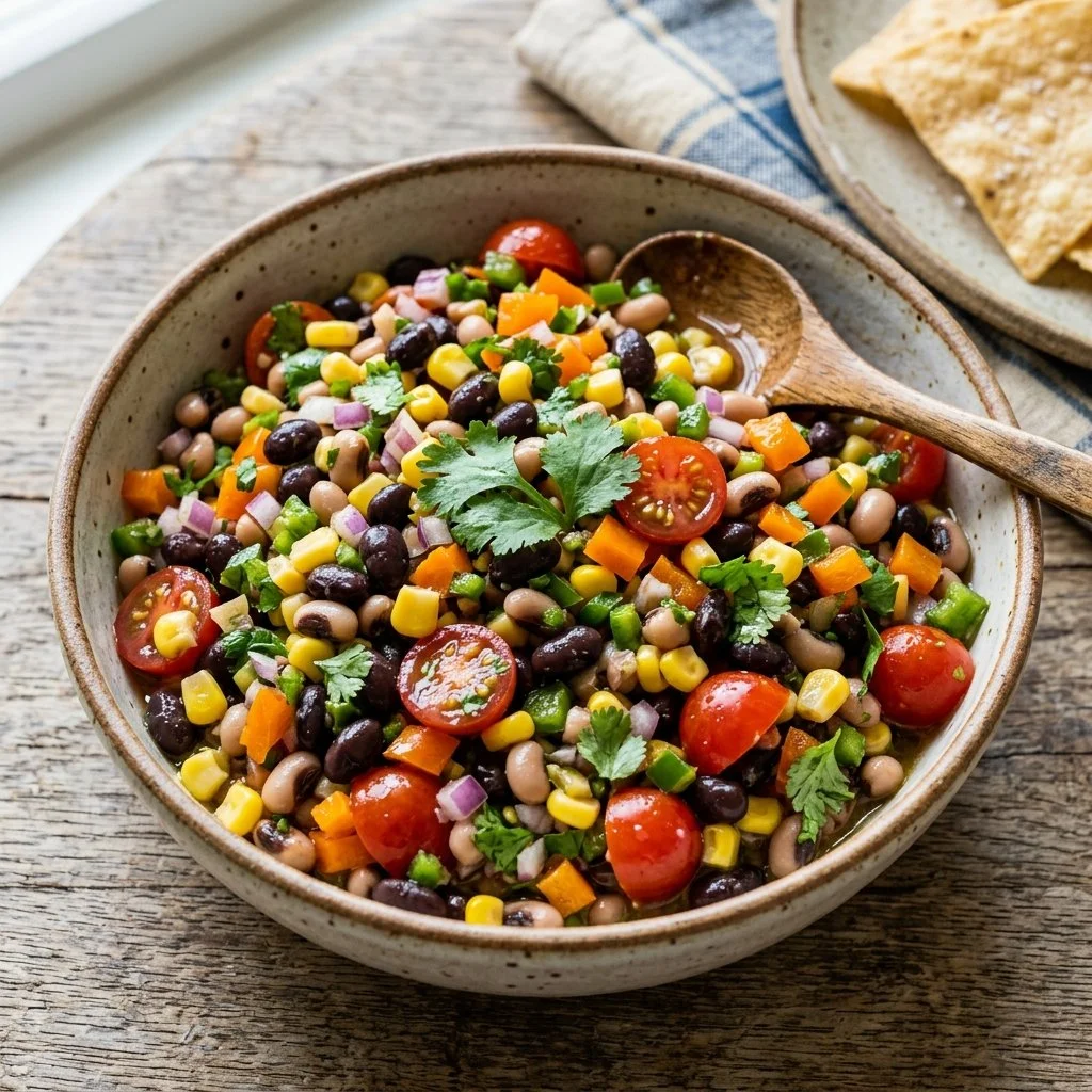 A colorful bowl of cowboy caviar with black beans, corn, and fresh vegetables.