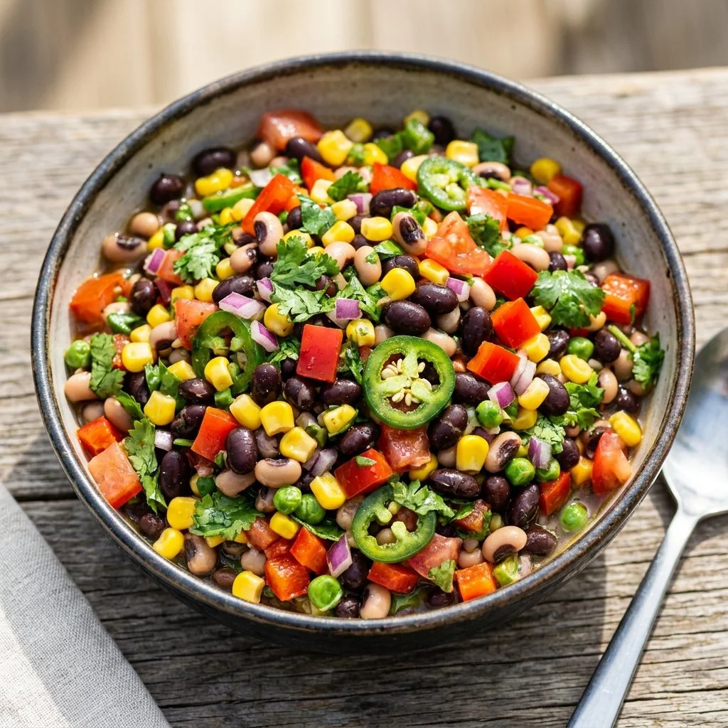 A colorful bowl of Cowboy Caviar featuring beans, corn, peppers, and spices.