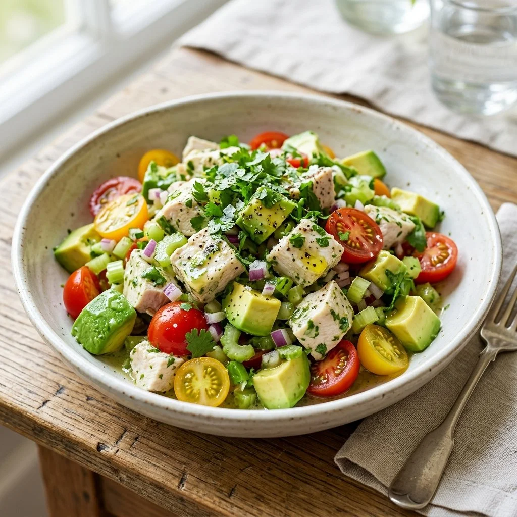 Creamy avocado chicken salad in a bowl topped with fresh herbs