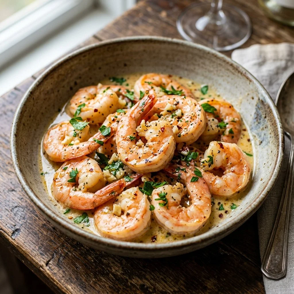 Creamy garlic shrimp dish garnished with herbs and served on a plate.