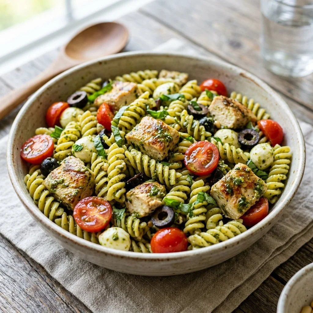 Creamy pesto pasta salad with chicken served in a bowl