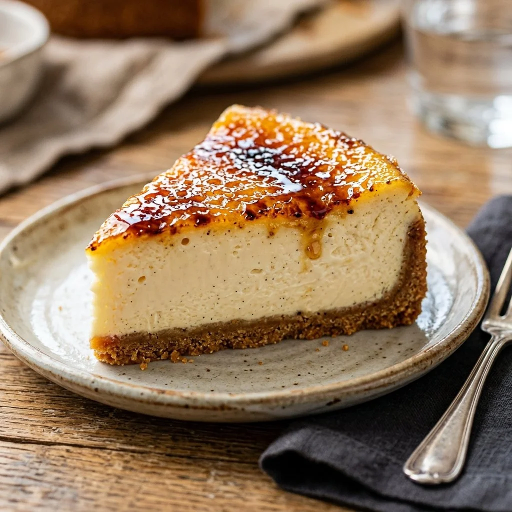 Delicious creme brulee cheesecake topped with caramelized sugar crust
