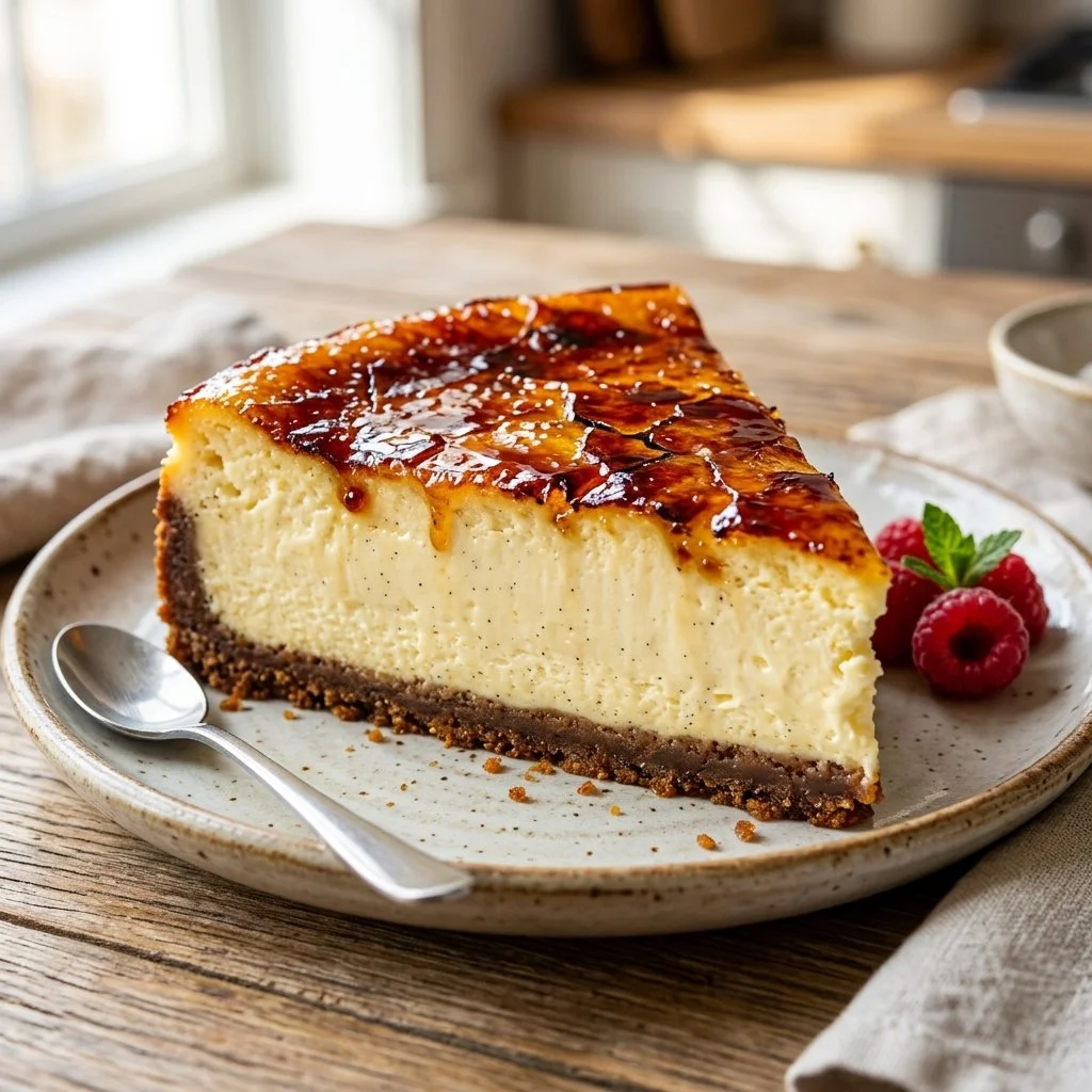 Delicious Crème Brûlée Cheesecake topped with caramelized sugar crust