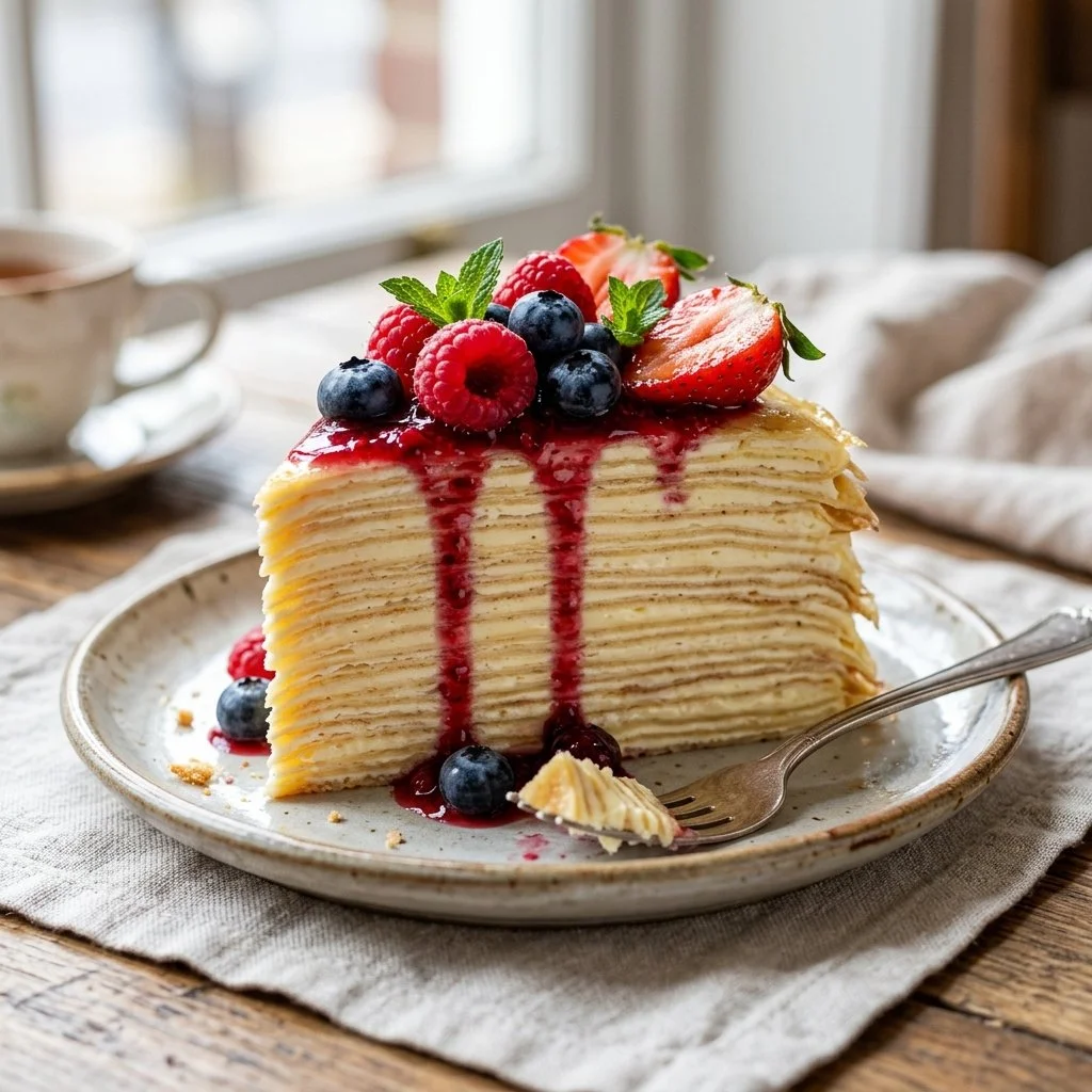 Deliciously layered crepe cake, showcasing delicate crepes and creamy filling.