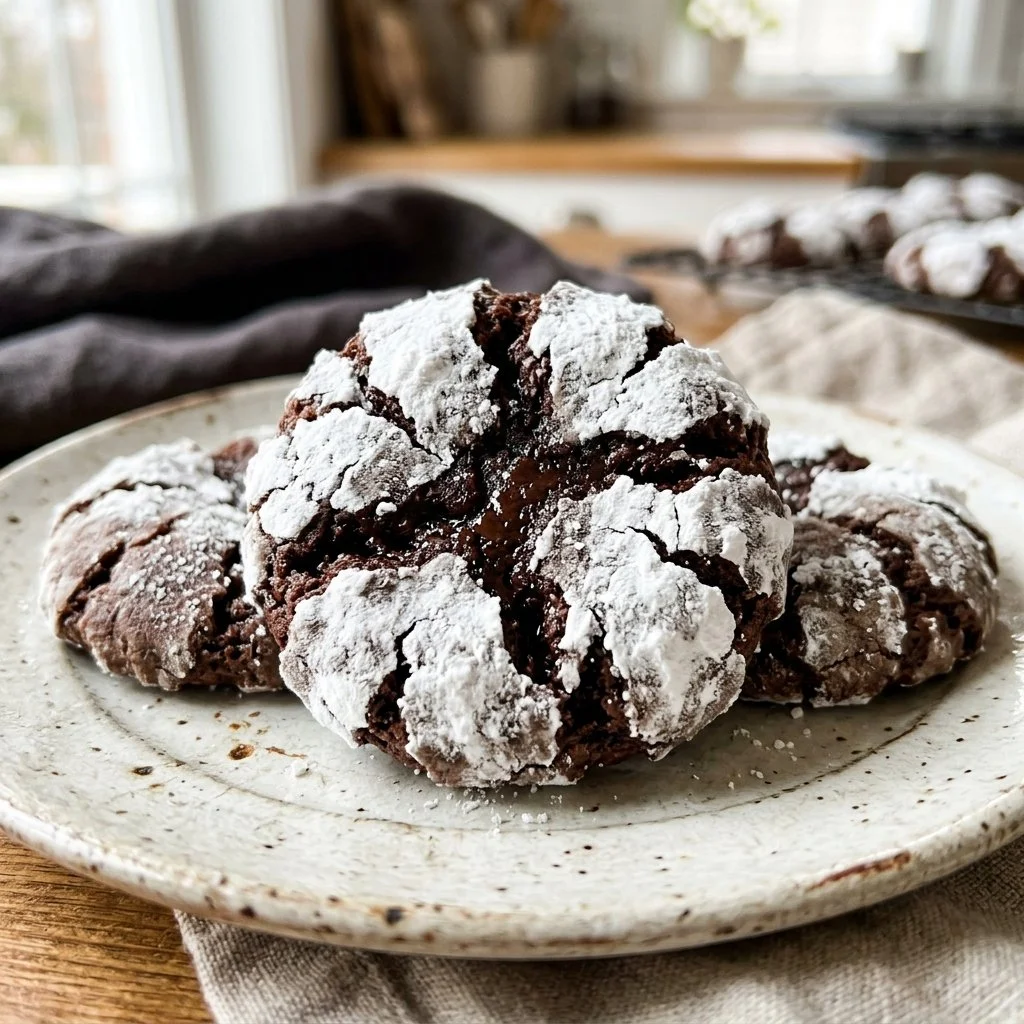 Delicious homemade crinkle cookies dusted with powdered sugar.