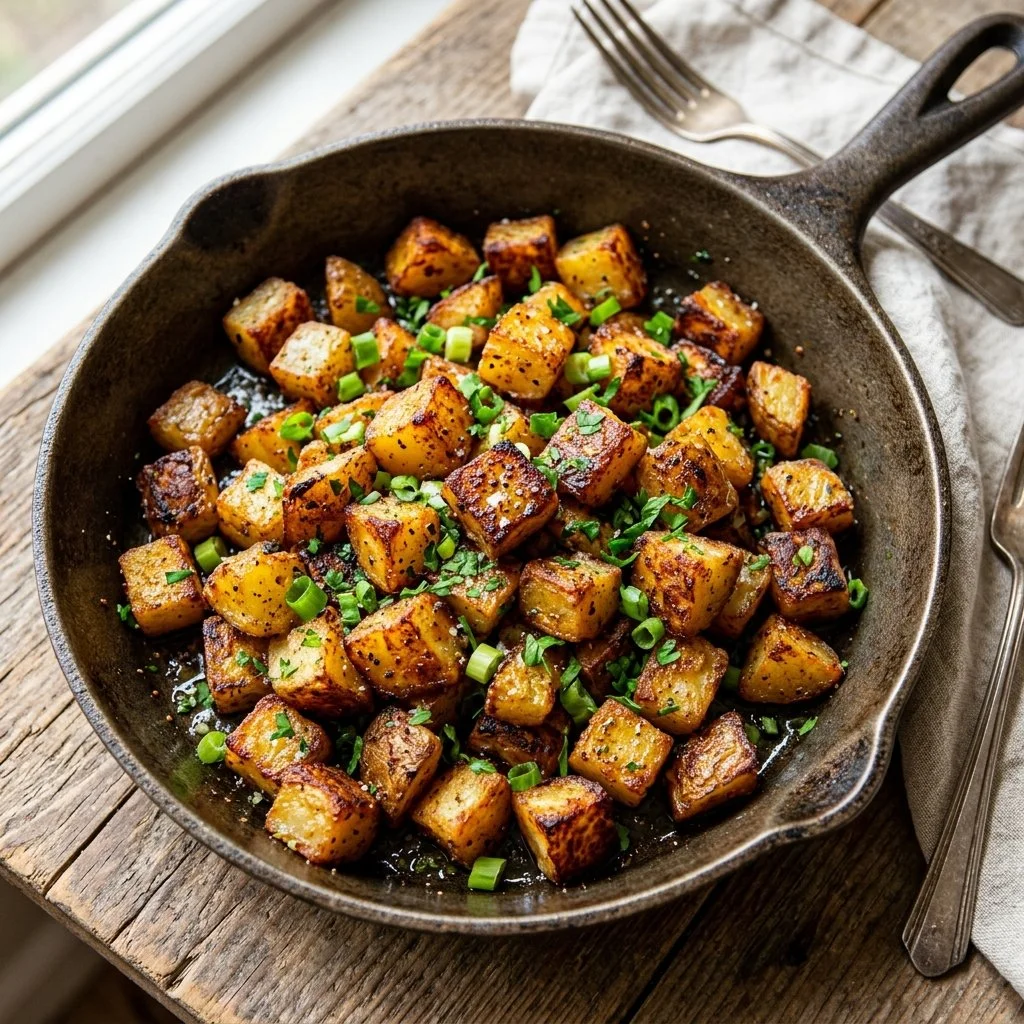Plate of crispy breakfast potatoes seasoned with herbs and spices