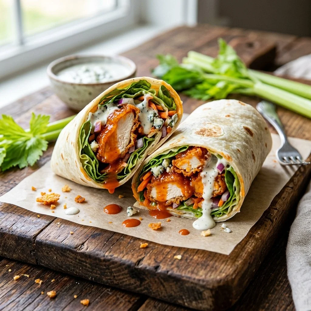 Crispy Buffalo Chicken Wraps ready to be served on a plate
